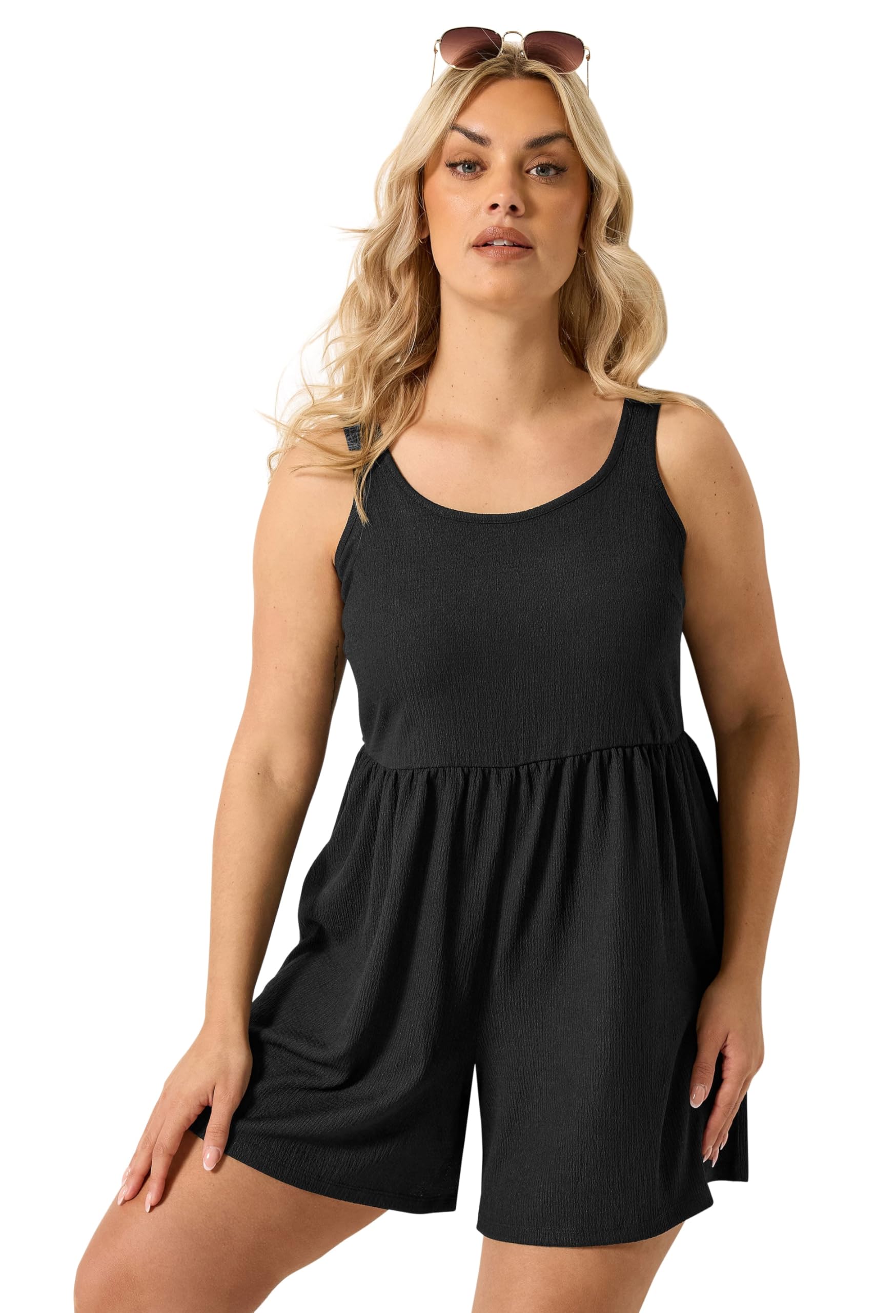 Yours Women's Black Smock Textured Playsuit In | Size: 22/24