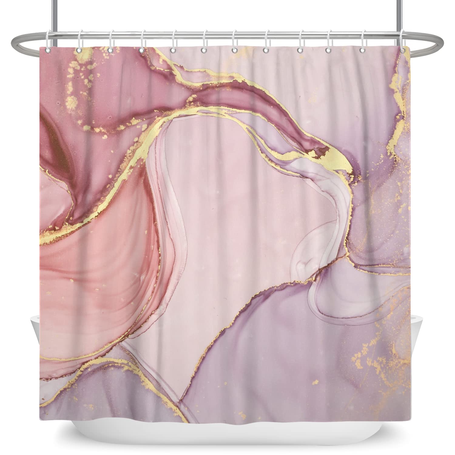 SDOTPMT 152x183cm Marble Shower Curtain Mixed Pink Purple Luxury Texture Golden Powder Bath Curtain Abstract Smooth Swirl Bathtub Curtain for Bathroom Fabric Polyester Waterproof with Hooks - Image 4