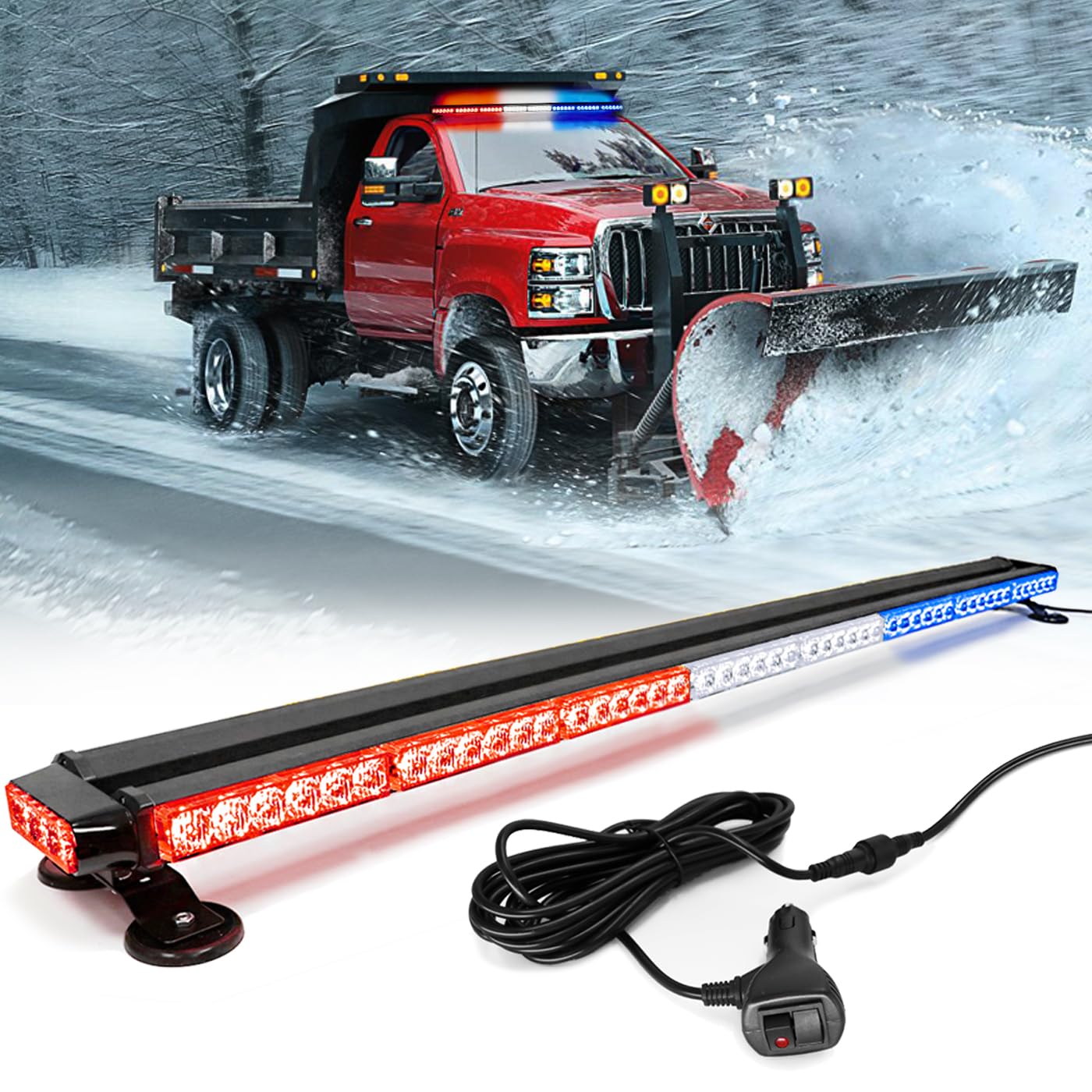 Photo 1 of FOXCID Red Blue White 48" 102 LED Emergency Warning Security Roof Top Flash Strobe Light Bar with Magnetic Base, for Plow or Tow Truck Construction Vehicle Red & Blue & White 48''