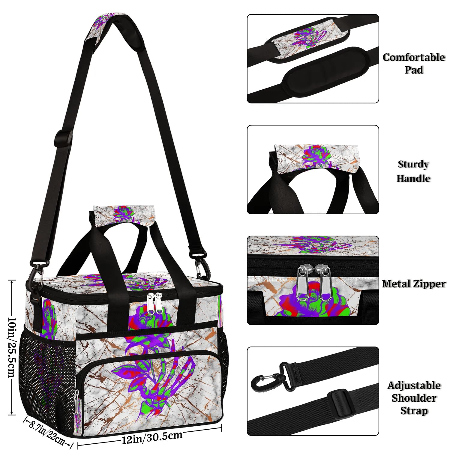 Grand sac à déjeuner isotherme en marbre pour adultes, hommes, femmes, enfants, filles, garçons, motif tête de mort, roses, marbre, sac isotherme pour le travail, le pique-nique, le barbecue