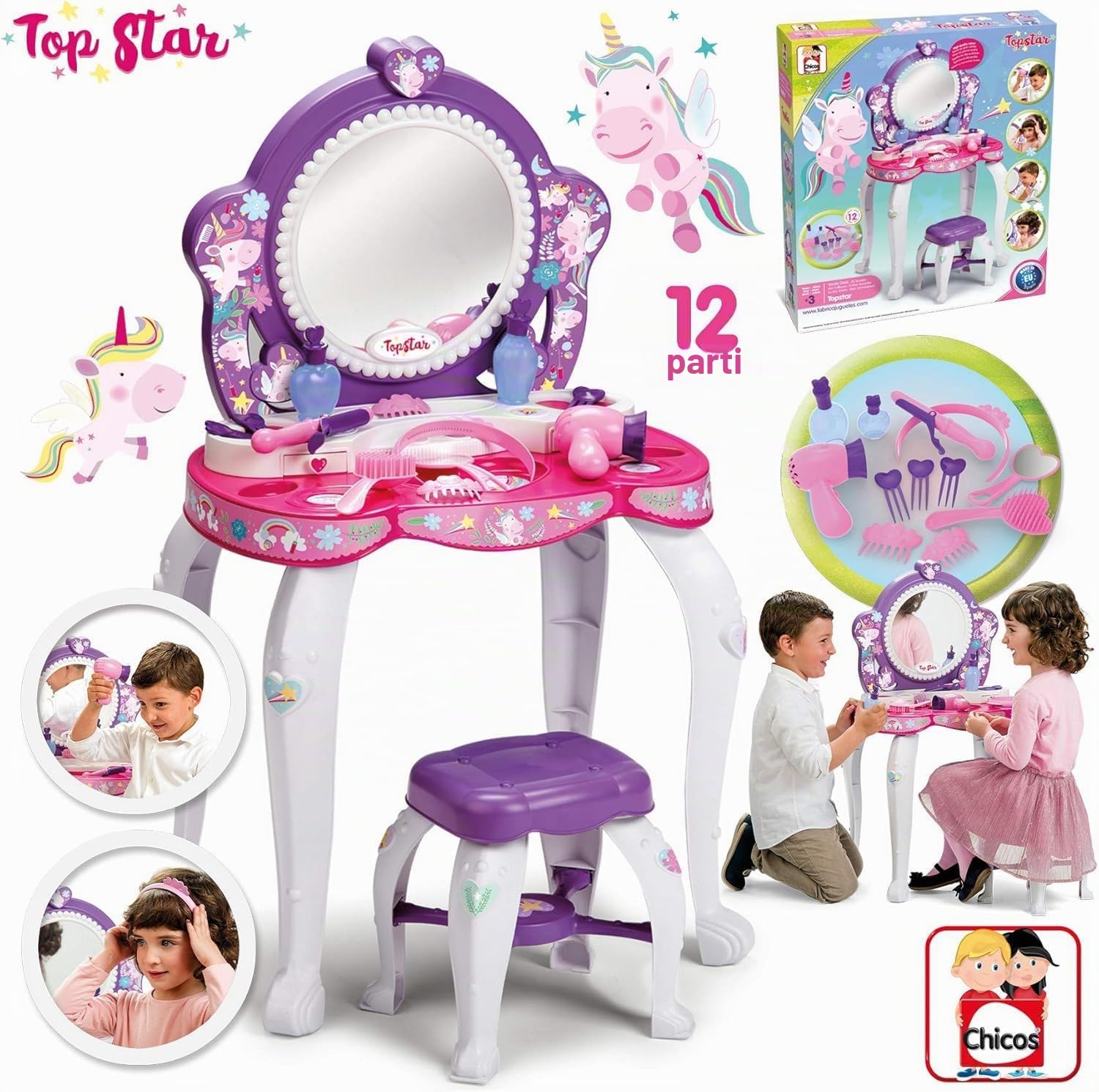 Chicos - Top Star Toeletta Trucco Bambina con Specchiera e Sgabello | Tavolo Trucchi Bambina con 12 Accessori | Postazione Trucco bambina Giocattolo 3+ Anni, Design Unicorno (87398)