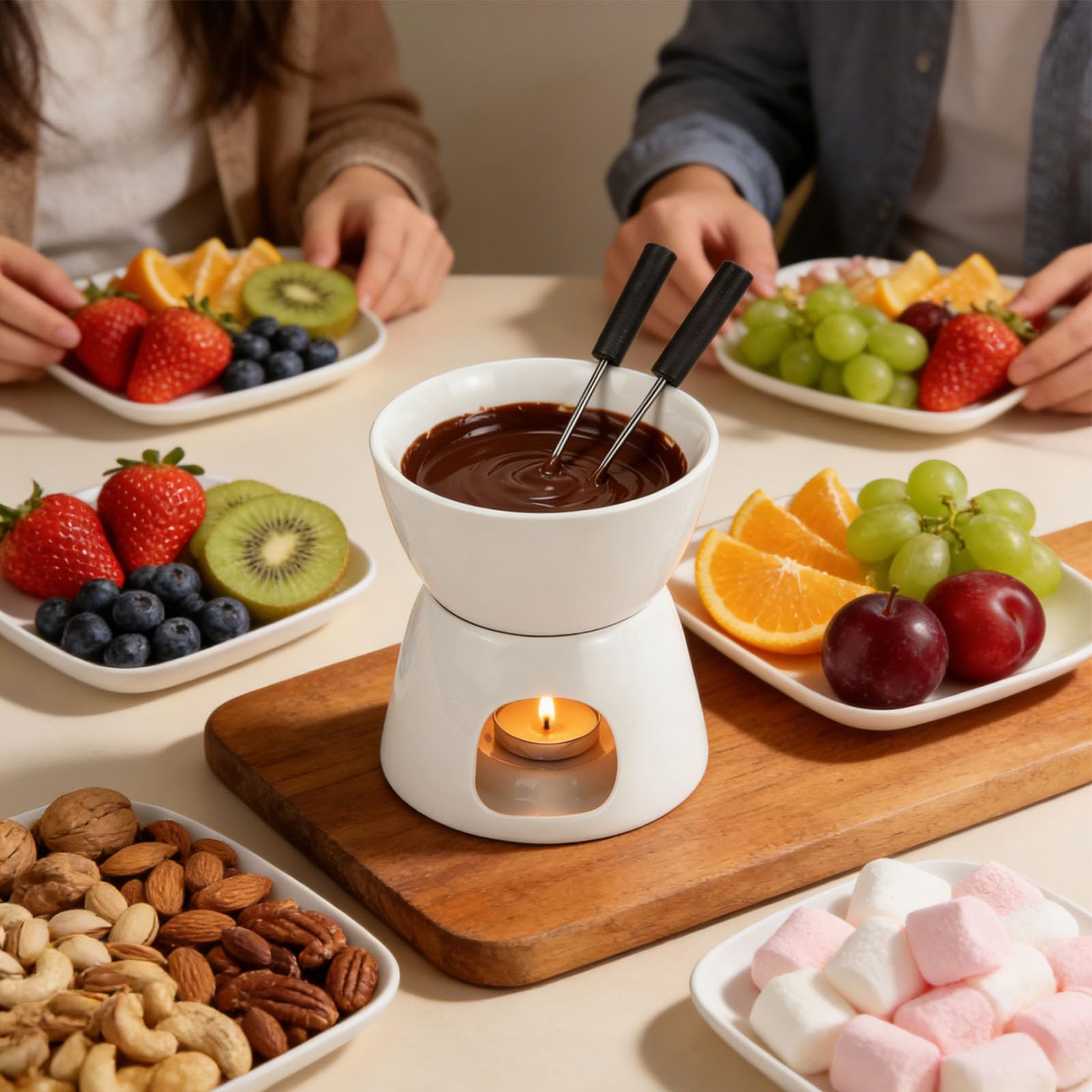 Set de Fondue de Chocolate 300 ml – Olla de Cerámica con 2 Tenedores, Mini Cazuela para Chocolate, Queso y Mantequilla – para el Hogar, Cenas en Pareja o con Amigos
