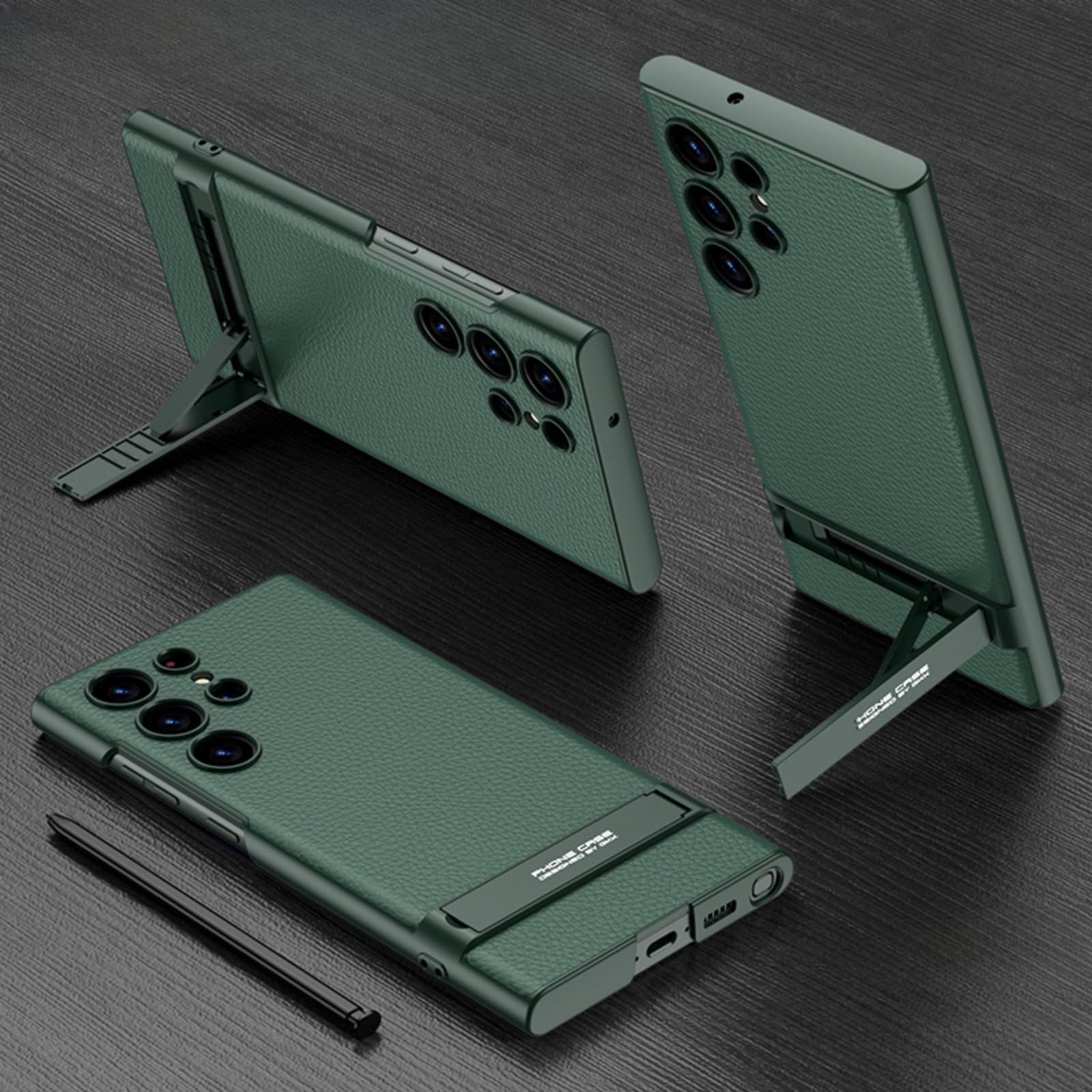 Suitable for Samsung Galaxy S23 Ultra Mobile Phone case Plain Leather Ultra-Thin Bracket fine Hole Anti-Drop Protective case(no Pen) (Green,S23 Ultra)