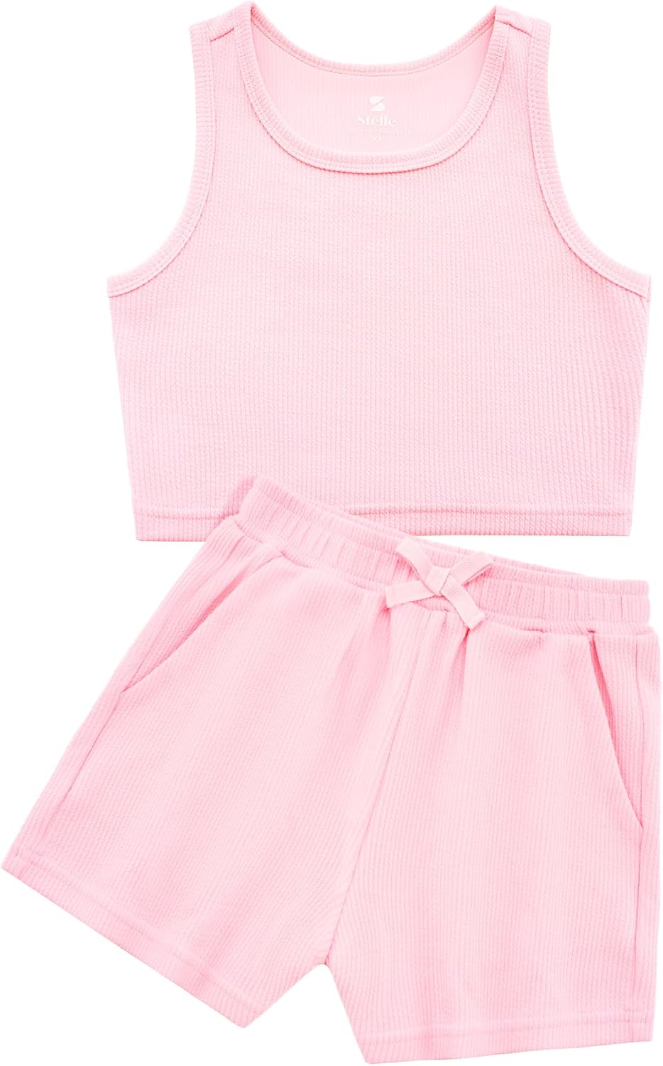 Stelle Girls 2 Piece Outfits Tank Top and Shorts with Pockets 5-15 Years | Girls Ribbed Tops,Crop Tops,Scoop Neck,Sleeveless Tops,Elastic Waist Shorts,Bow Waist,Side Pockets
