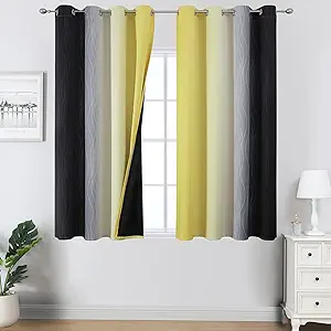 Estelar Textiler Black and Yellow Blackout Curtains 54 Inches Long, Full Light Blocking Gradient Grommet Drapes for Kitchen, Thermal Insulated Ombre Curtains for Bedroom, 52Wx54L, 2 Panels