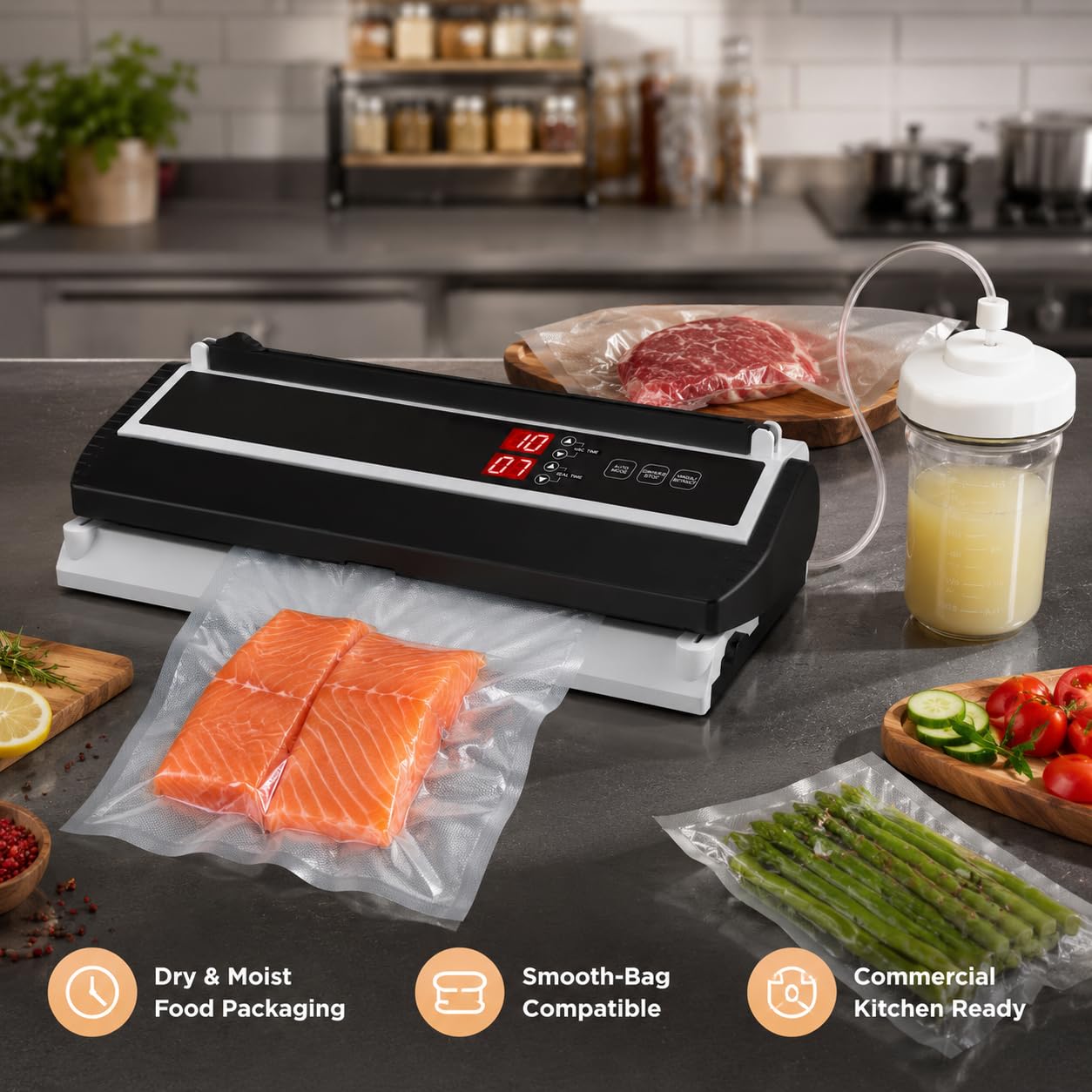 Sellador al vacío comercial de 250 W para alimentos secos y húmedos con control de succión