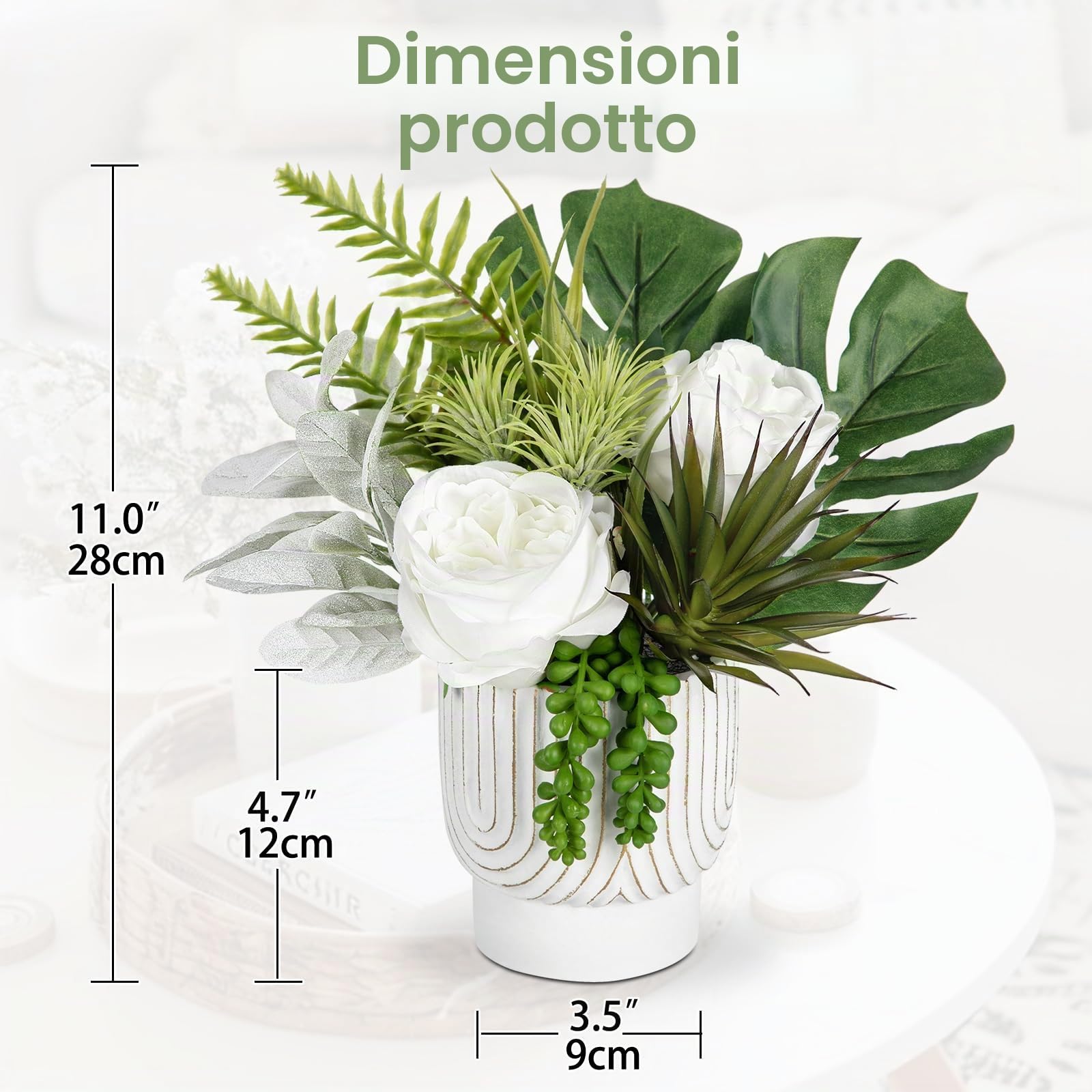 Rose bianche artificiali in vaso di ceramica, 28 cm, rose finte in seta bianca, fiori di Monstera, piante artificiali per interni, per casa, ufficio, cucina, bagno, camera da letto,