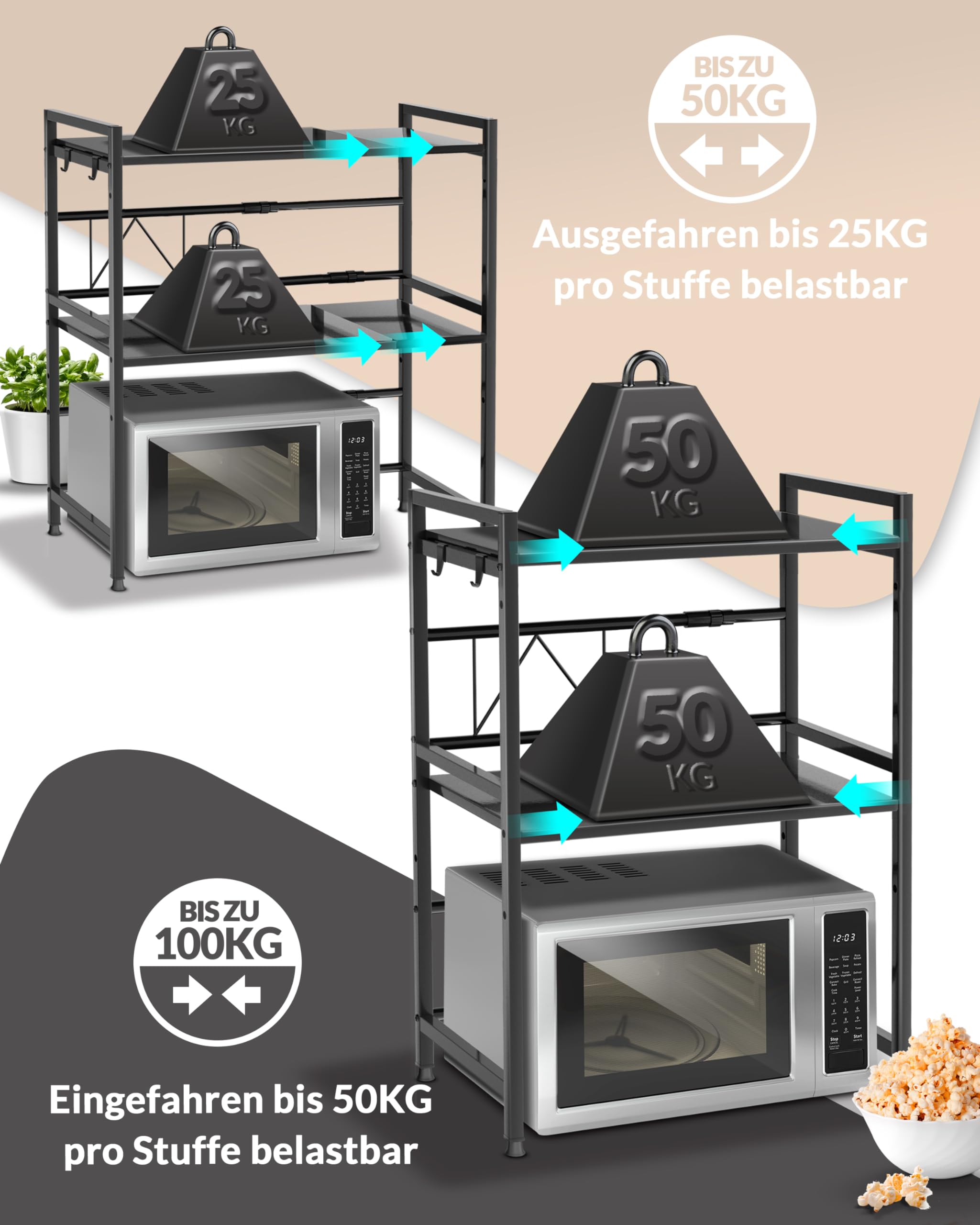 Heldenwunder Mikrowellenregal Küchenregal stehend Stahl (3-stufig) | Mikrowellen Regal Mikrowellenschrank | Vorratsregal Bäckerregal höhen & längenverstellbare Ablage + Videoanleitung, Haken - Schwarz