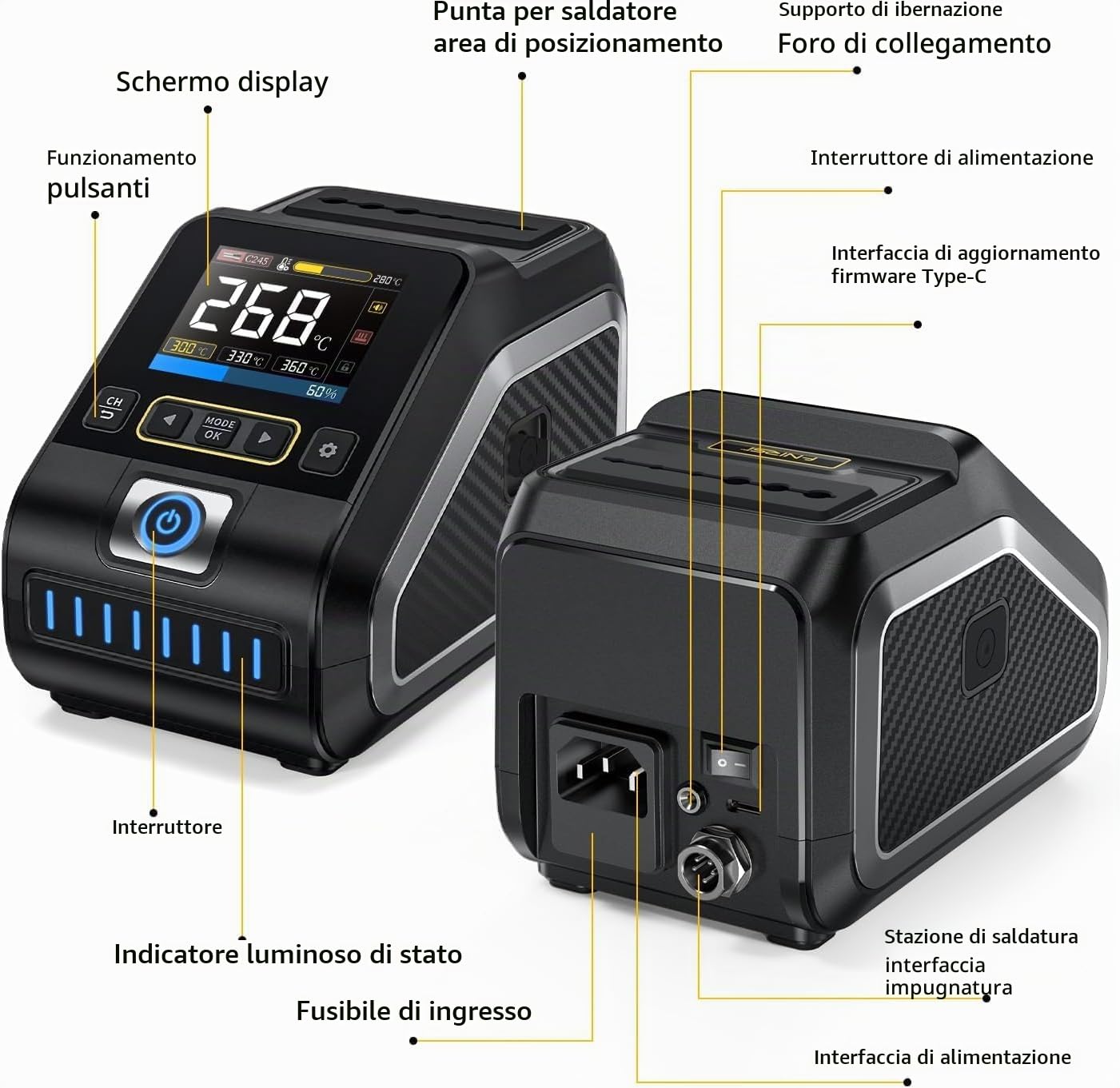 FNIRSI DWS-200 Stazione di Saldatura 200W con Display TFT, Riscaldamento Rapido, Regolazione Digitale Temperatura, 3 Punte F210, 2 Bracci Flessibili