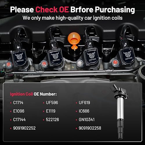 Vista 261 de BDFHYK Paquete de bobinas de encendido UF596 y bujías de iridio 93501 compatibles con Toyota Corolla 2009 2010 2011 2012 2013 Toyota Prius Matrix