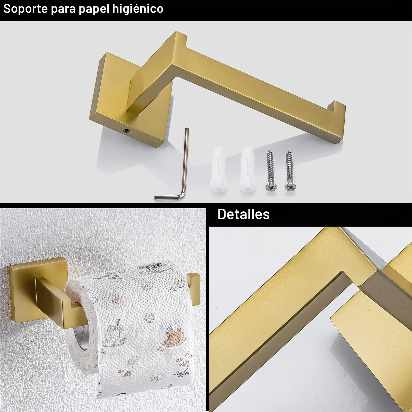 TURS Juego de 3 accesorios de baño de acero inoxidable SUS 304 con toallero, barra porta toallas, gancho de pared, color oro cepillado, Q7010GD