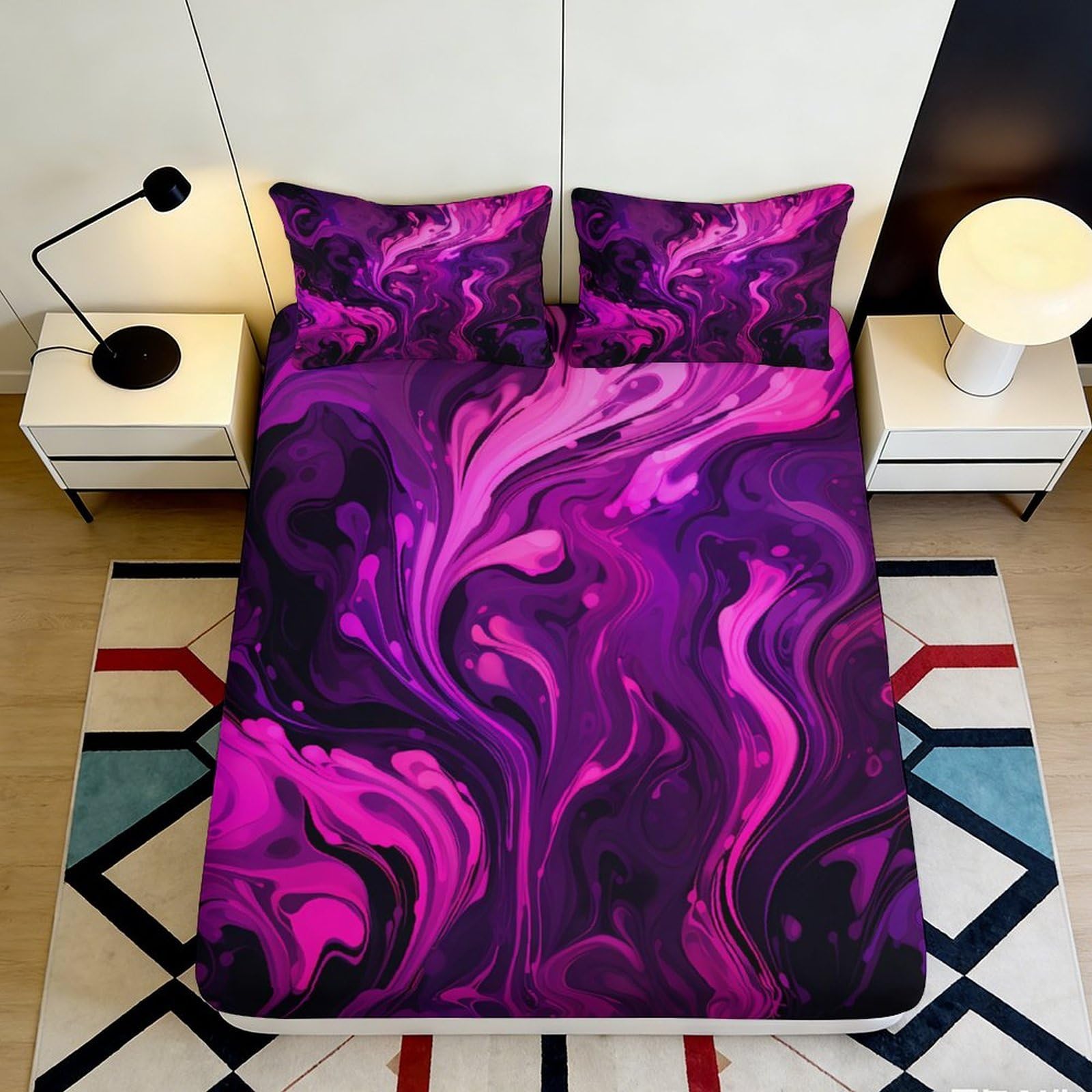 3D Printed Purple Marble Fitted Sheet Microfiber Vibrant Abstract Mattress Cover for Bedroom Dorm Easy Care Decor 90x200x25cm