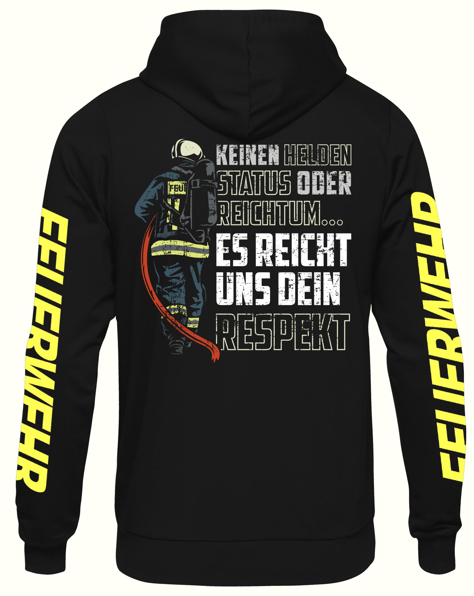 UGLYSHIRT Feuerwehr Herren Kapuzenpullover | Feuerwehr Geschenke FFW Pullover Feuerwehrmann Held Hero 112 Freiwillige Feuerwehr Hoodie | M30 Ärmeldruck Schwarz