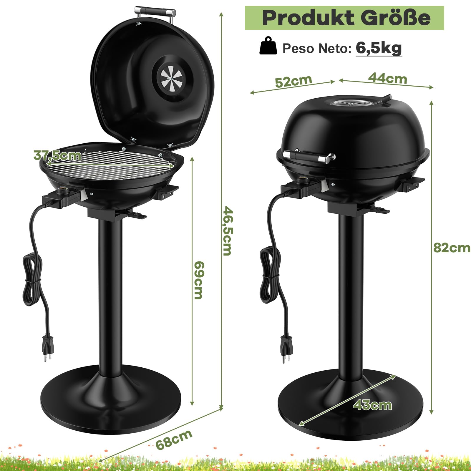 COSTWAY Elektrogrill 1600W freistehend, Standgrill mit 2-Zonen Grillplatte, Elektrischer BBQ Grill 93°C-219°C mit Standfuß und Antihaftbeschichtung für Balkon, Garten, Camping 52 x 44 x 82 cm Garten