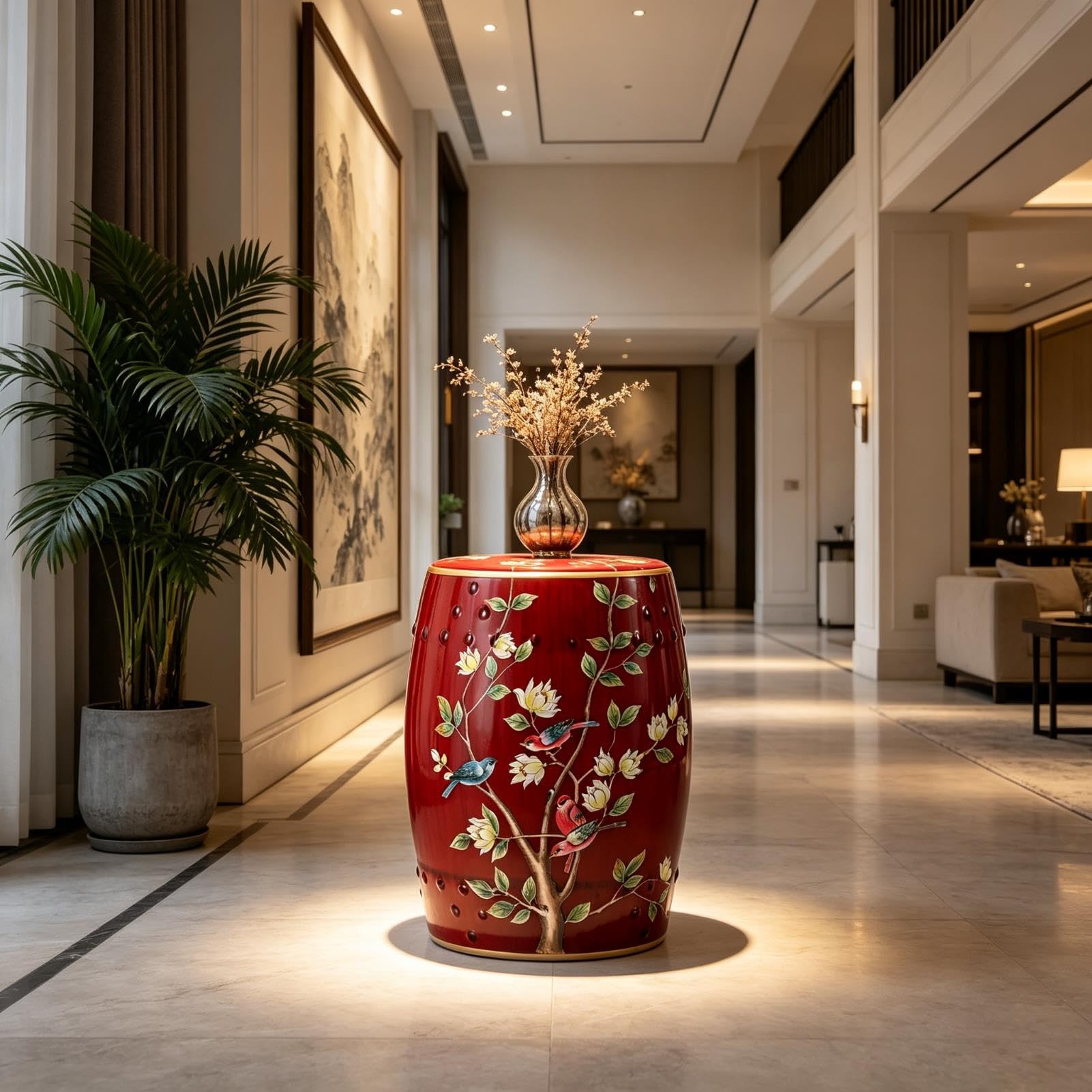 Chinoiserie Ceramiczny Stołek Do Perkusji, Dekoracyjny Stołek Ogrodowy, 18-calowy Stolik Boczny Stojak Na Sadzarkę Do Ogrodu Patio Trawnik Dom Wewnątrz Na Zewnątrz(Yellow)