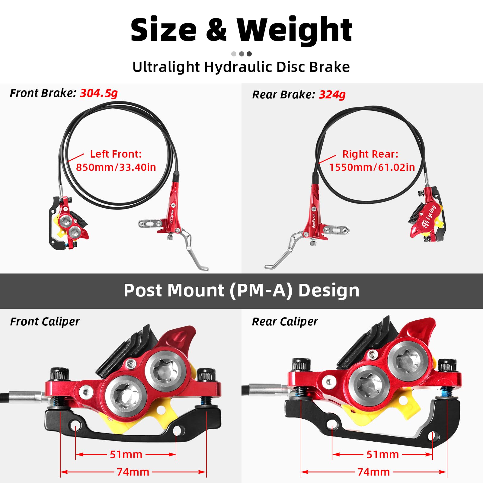 MTB Hydraulic Disc Brake Set 4 Pistons Front 850mm and Rear 1580mm Hydraulic Brakes with Aluminum Alloy Lever with Caliper Ceramic Brake Pad Fit Mountain Bike, Ebike, Fat Bike(Pre-Bled) (Red)