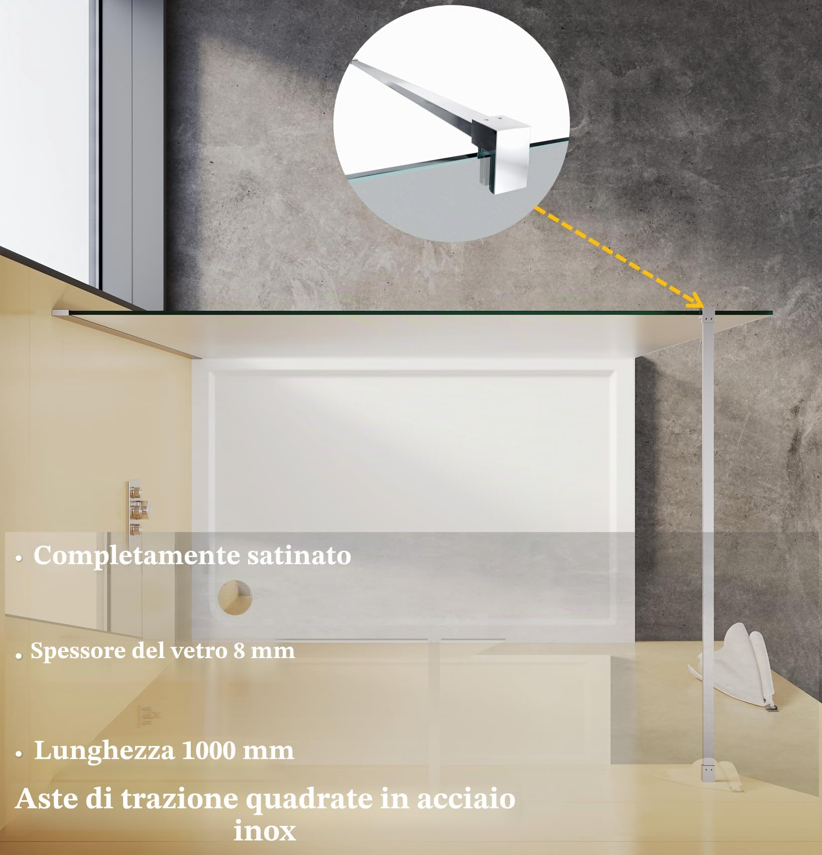 Walk In - Parete doccia da 140 x 200 cm, con nano-rivestimento da 8 mm, vetro ESG, con asta di stabilizzazione (completamente satinato)