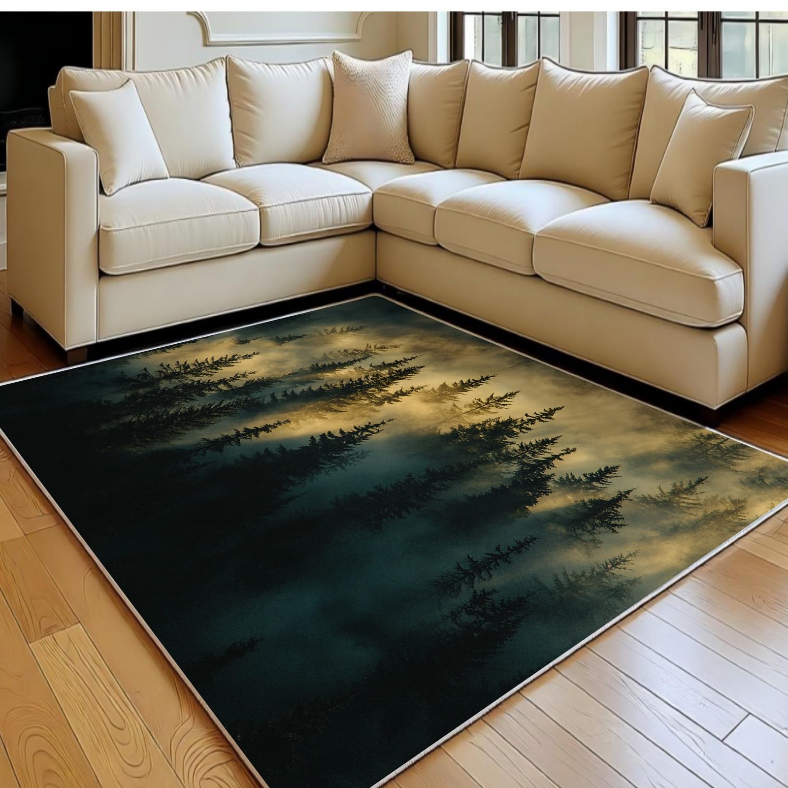 Alfombra Sala de Estar 140 x 200 cm Bosque brumoso Pelo Corto Suave y Antideslizante Verde Alfombra Dormitorio y Cocina