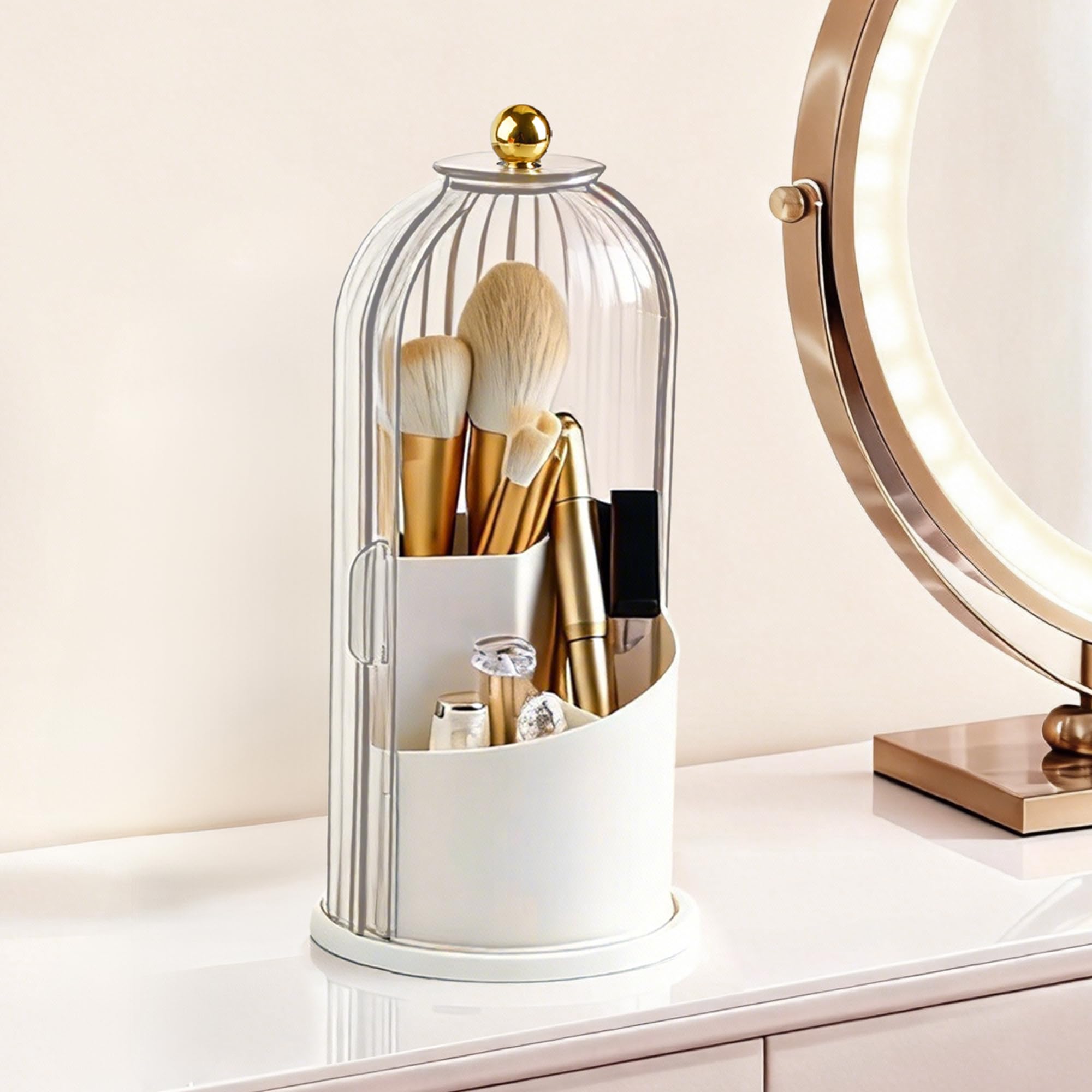 Makeup Brush Holder 360° Rotating Countertop Organizer with Lid Transparent