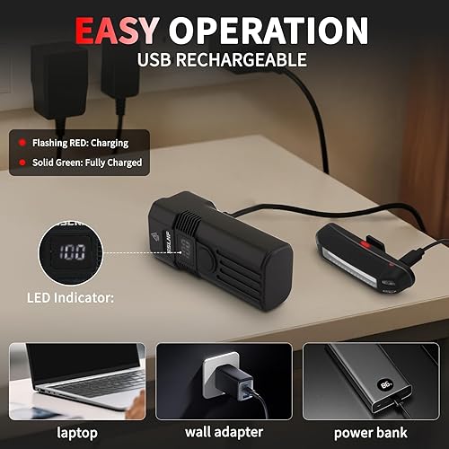 Miniatura 4 de Bike Light for Night Riding, 2000LM1000LM Bicycle Headlight & Taillight, Multiple Modes,3000mAh2000mAh USB C Rechargeable Waterproof LED Bright Bike