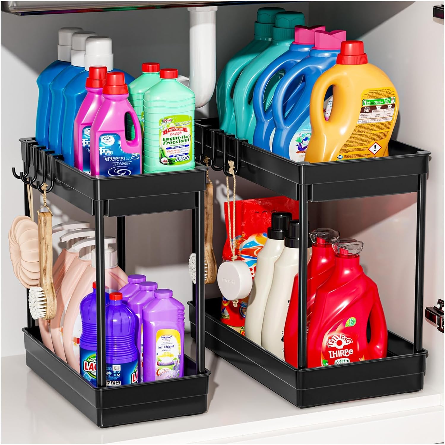 PurKeep Organizer da cucina – 2 pezzi a 2 ripiani da cucina sotto il lavandino, organizer con ganci, per bagno, piano di lavoro, nero