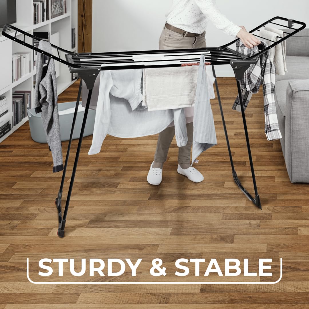 Vileda King Ultimate Wäscheständer, Black Edition, XXL-Leinen für weniger Falten, Trockenlänge: 20 m, Kleinteilehalter, stabil und robust, einfacher Transport Dank Sicherung und Rollen, Comfort-Pack
