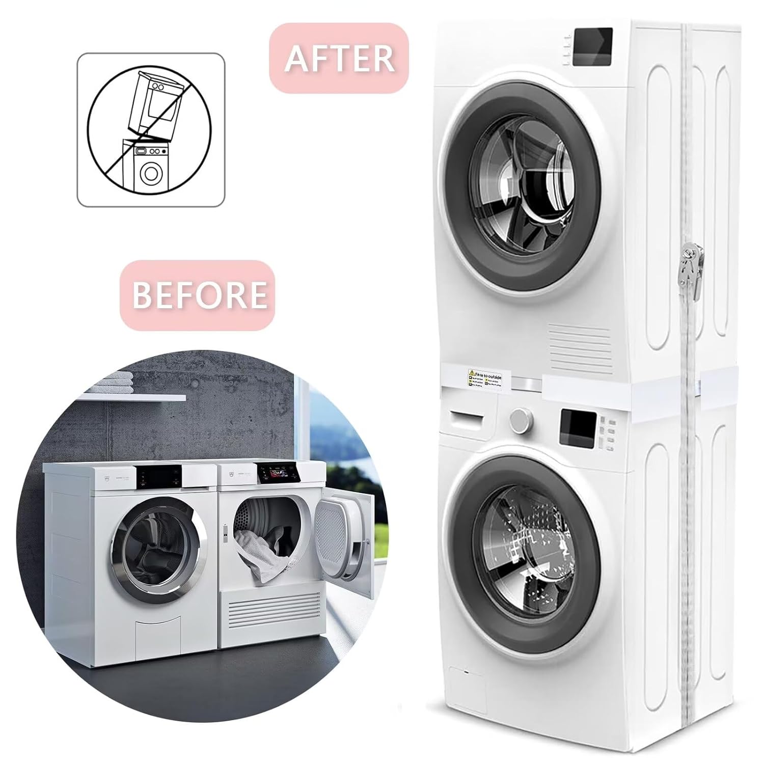 NIUXX Universal Stacking Kit for Washer and Dryer, Adjustable Stacking Frame Kit Fit for 46-66 cm Washing Machine and Tumble Dryers, Stacking Shelf with Ratchet Ropes and Anti... - Image 3