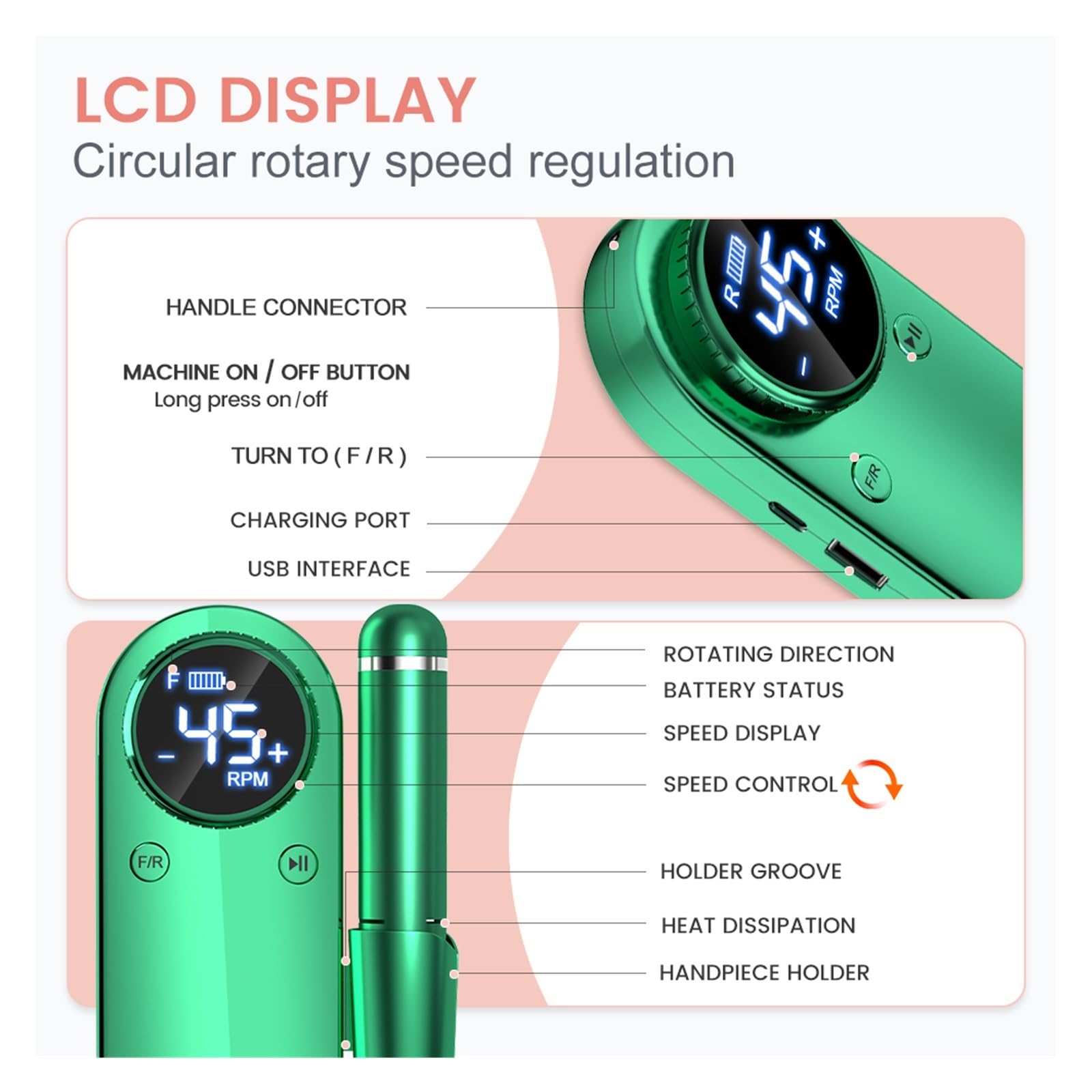 Machine à Ongles, Perceuse à ongles électrique professionnelle, perceuse rechargeable portable 45000 tr/min for en gel acrylique, outil de polissage manucure(MS901 Green2)