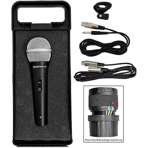 Rockville RMC-XLR Wired Dynamic Microphone, Full Metal Body, M-56 Cartridge, (2) 10 Ft OFC Cables, Mic Clip & Case, for DJs, Karaoke, and Live Performances