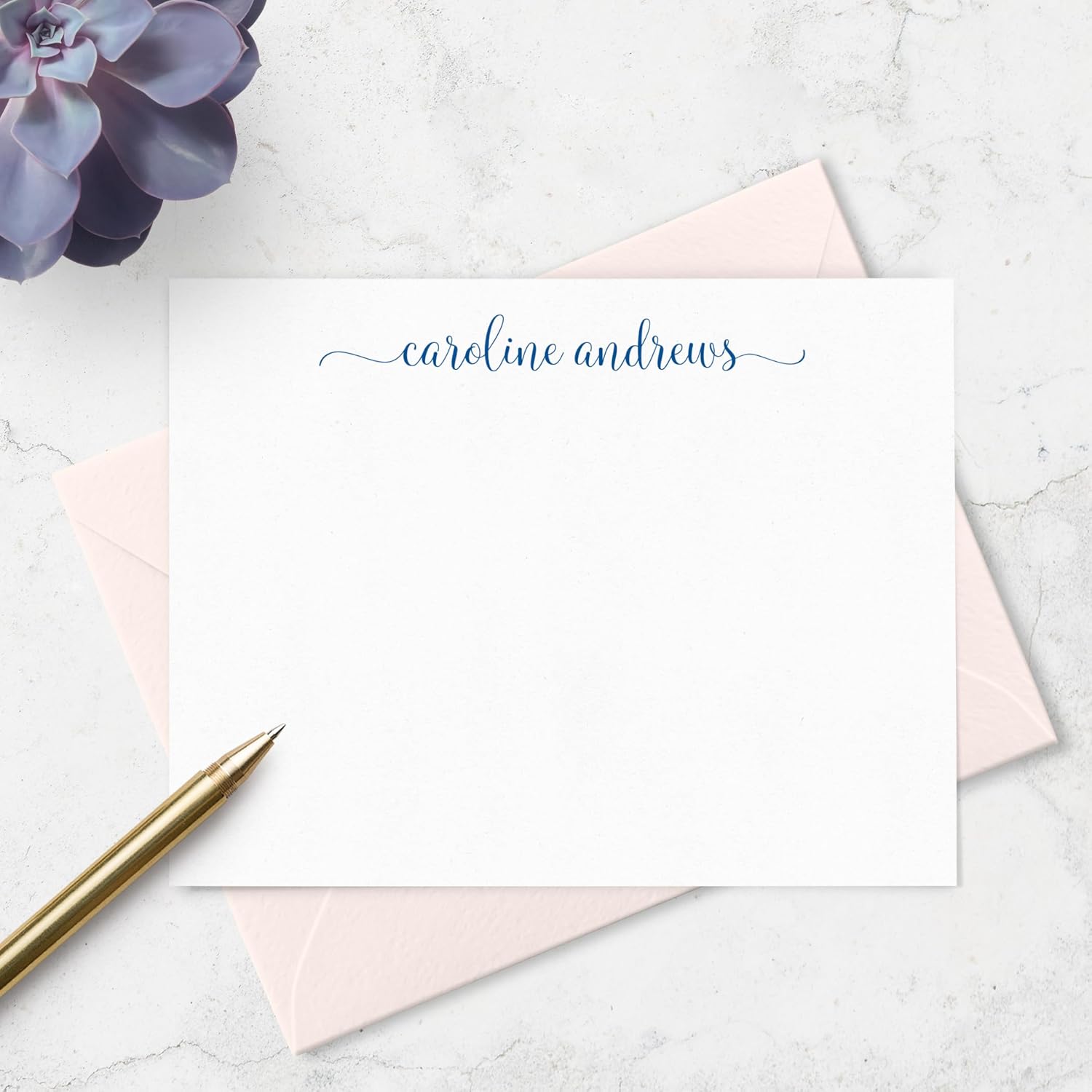 Personalized Note Cards and Envelope Stationery Set for Women - Flat Notecard Stationary Set with Name in Script Font, Custom Thank You Cards (All Lowercase Letters with Flourishes, A2)