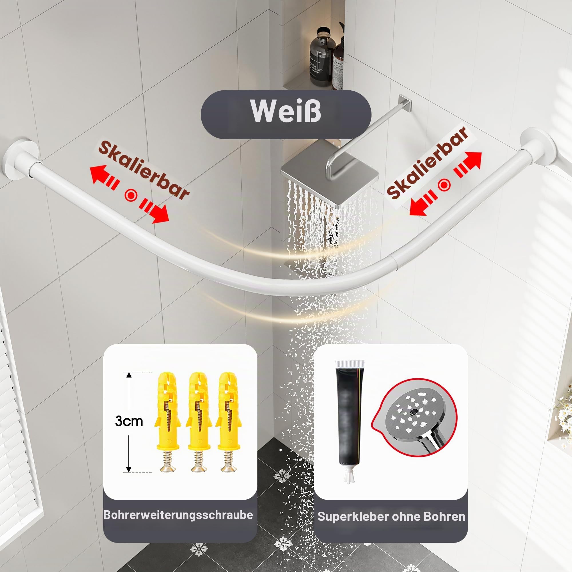 Verstellbare Gebogene Duschvorhangstange, Duschstange Für Duschvorhang Badewanne Ecke Schiene, Duschvorhangstange Weiß L Form Edelstahl, 90-130x90-130cm, Für Badewanne & Dusche