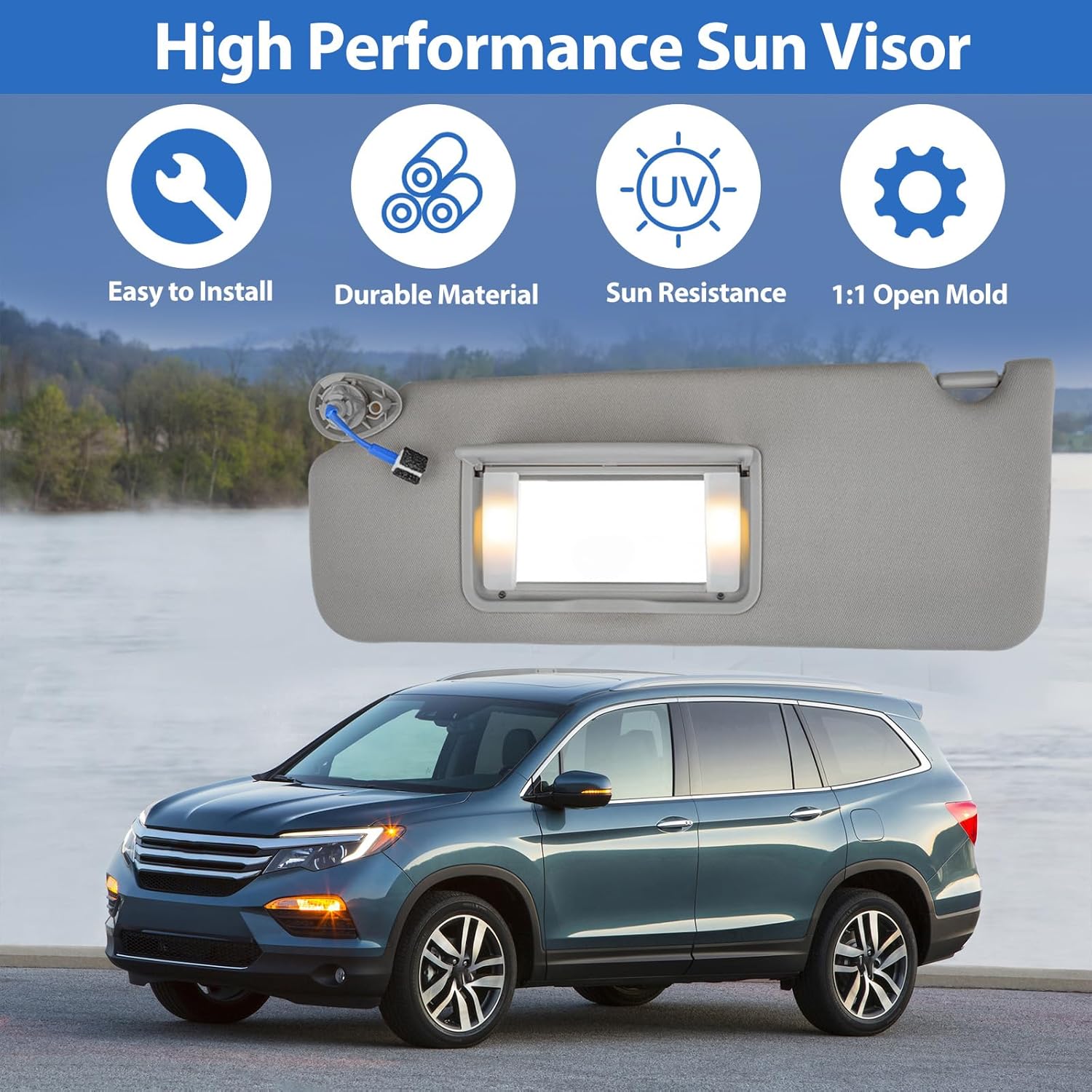 Left Side Sun Visor Fits for Honda Pilot 2017-2022, Fit for Honda Ridgeline 2018-2023 Replacement Sun Shade # 83280-TG7-A12ZB, Left Driver Side (Grey)