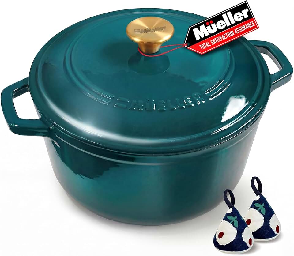 Mueller DuraCast 6 Quart Enameled Cast Iron Dutch Oven Pot with Lid, Sourdough Bread Baking, PFOA-Free, 500°F Oven Safe - All Cooktops incl. Induction, Braising &amp; Slow Cooking, Emerald