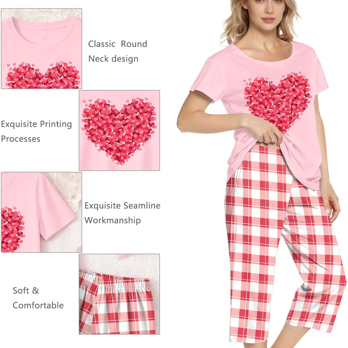 LHBNK Valentines Pajamas for Women: Valentines Pj Sets Short Sleeve Sleepwear Tops With Capri Pants Pajamas Set - Image 5