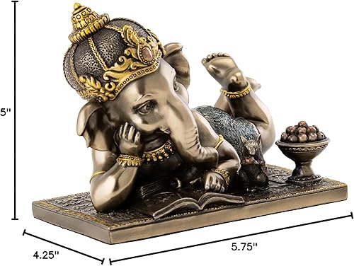 Miniatura 8 de Top Collection Young Ganesh - Estatua de lectura con ratón, elefante hindú, señor del éxito en bronce fundido en frío de primera calidad, figura