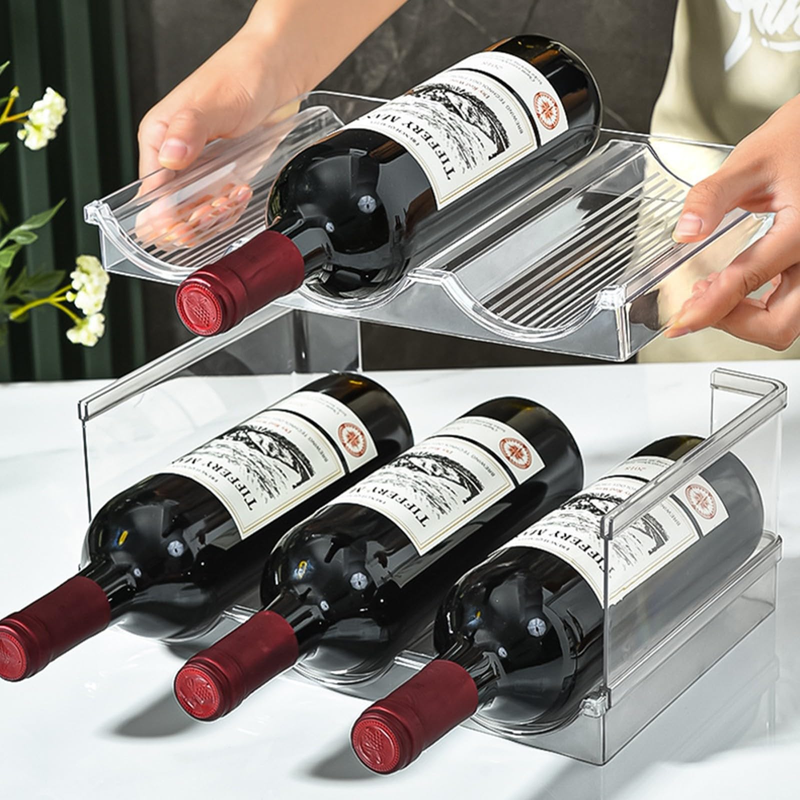 Soporte transparente para botellas de vino, organizador de latas para armario y cocina, organizador de almacenamiento de botellas de agua, estantes apilables de plástico de 2 niveles.