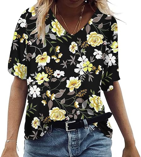 Camisetas de manga corta para mujer, vintage, con estampado floral, cuello en V, ajuste holgado, tipo túnica, cómodas y suaves