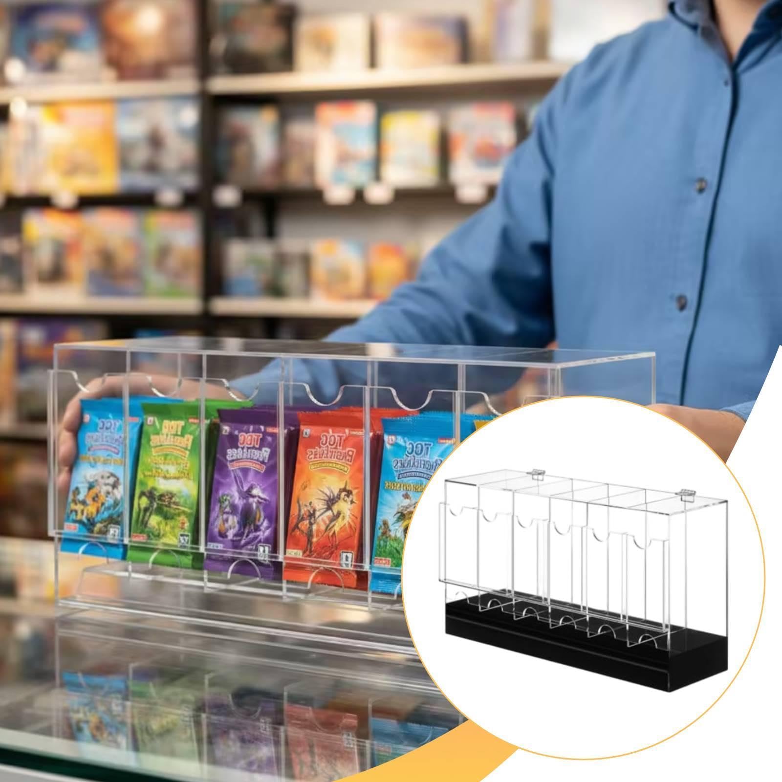 Boîte Distributeur de Packs de Cartes Vitrine Organiseur Présentoir en Acrylique Rigide avec Base Stable Accès par L'Arrière Adaptée Au Bureau, Fond Noir, 6 Emplacements