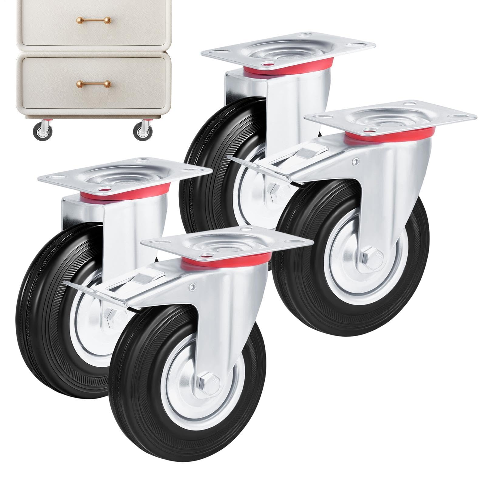4er Set Schwerlastrollen Mit 2 Bremse, Transportrollen 75/100/125mm | Rollen Schwerlast Tragkraft 180/240/320kg, Lenkrollen Aus Vollgummi Und Lautlose, Schwerlast Möbelrollen Für Innen Und Außen