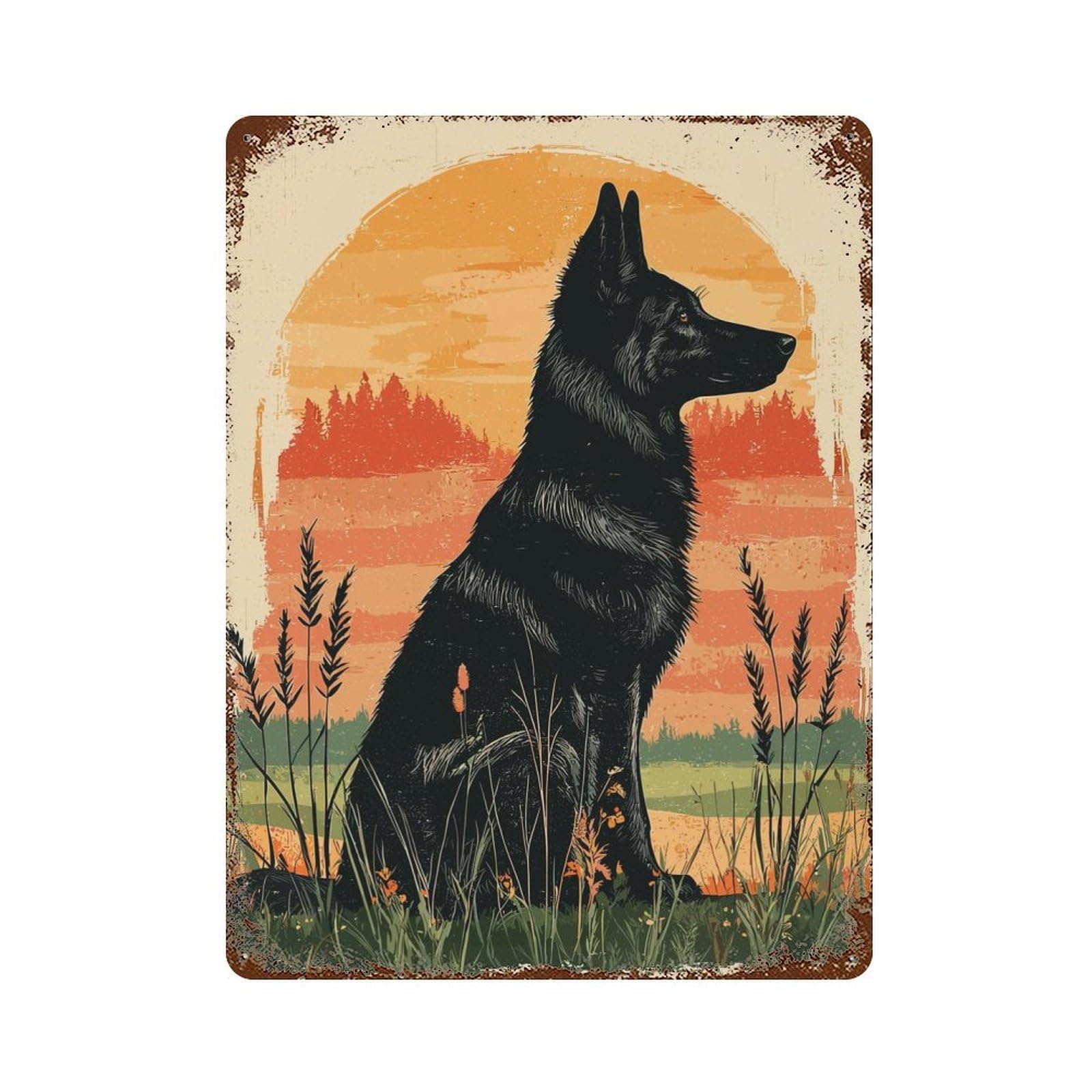 German Shepherd Silhouette Sunset Vintage Wall Sign 15.7"x11.8", Rust Effect Metal Decor for Cafe, Home Bar And Lounge Decor