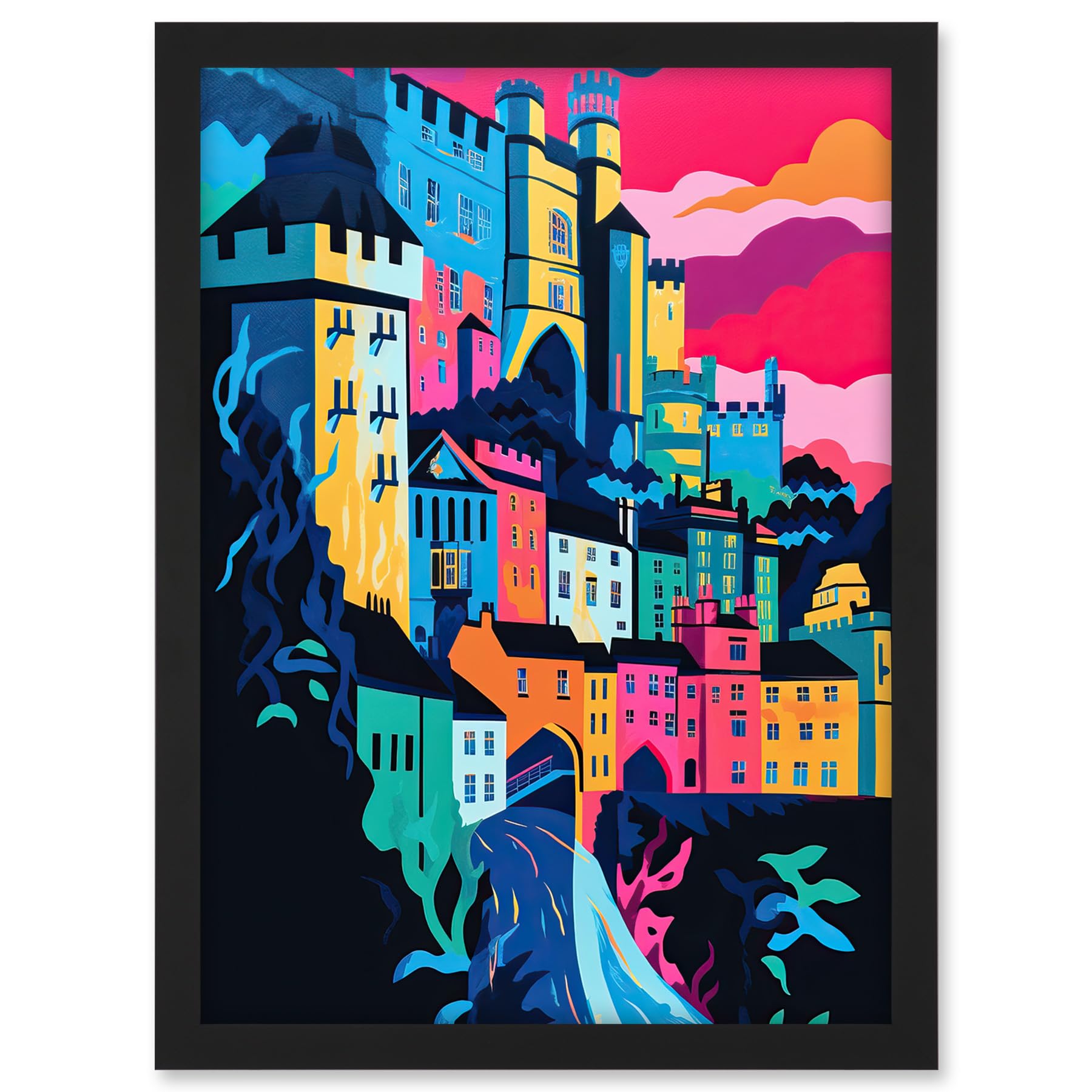 Artery8 Nottingham City Vibrant Abstract Pop Art Cityscape Artwork Framed A3 Wall Art Print
