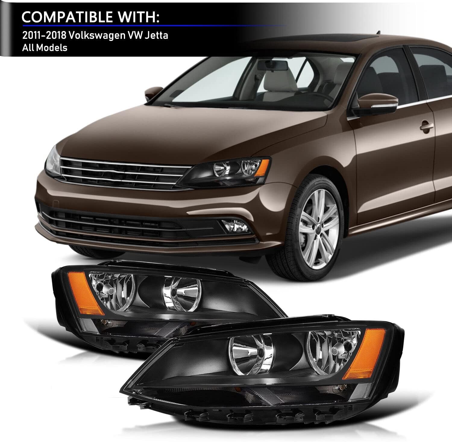 Headlights Assembly Compatible with 11-18 Volkswagen Jetta MK6 Head Lamp Halogen Model Replacement Black Housing Amber Corner
