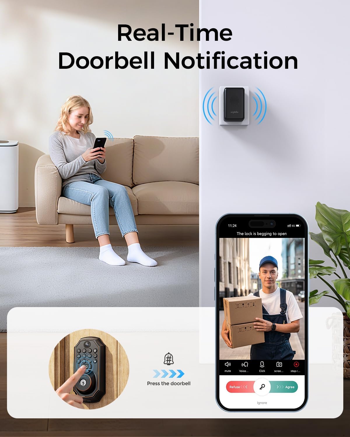Image showing a person receiving a doorbell notification on their phone and viewing a live video feed of a delivery person at the door.