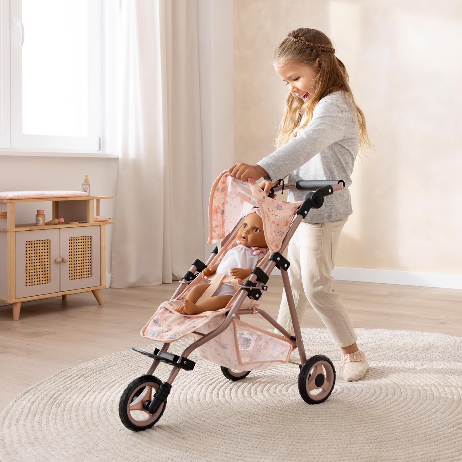 howa Puppenbuggy „miniflowers“ – eleganter Puppenwagen - Jogger für Puppen bis 50 cm, Puppenjogger mit höhenverstellbaren Schiebegriff 2260