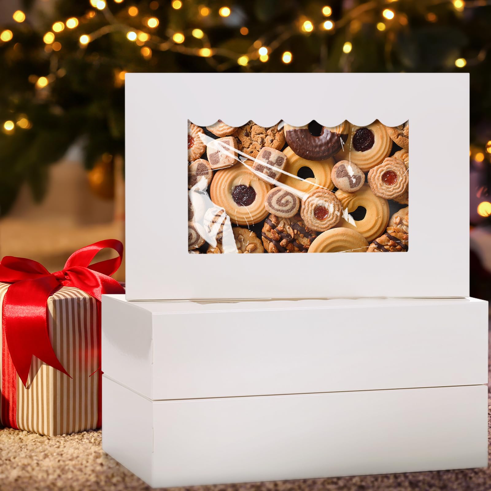 Caja de Reposteria Carton de 20 Piezas, 21,5 x 14 x 5,1 cm Caja de Regalo con Ventana Transparente para Galletas, Pastelería, Bizcochos, Blanco