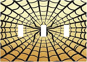 Decorative Switch Plate Covers Black Spider Spiderweb on Golden Background 3 Gang Light Switch Cover Plate Triple Toggle Wall Plate Light Switch Covers for Bedroom Home Decor
