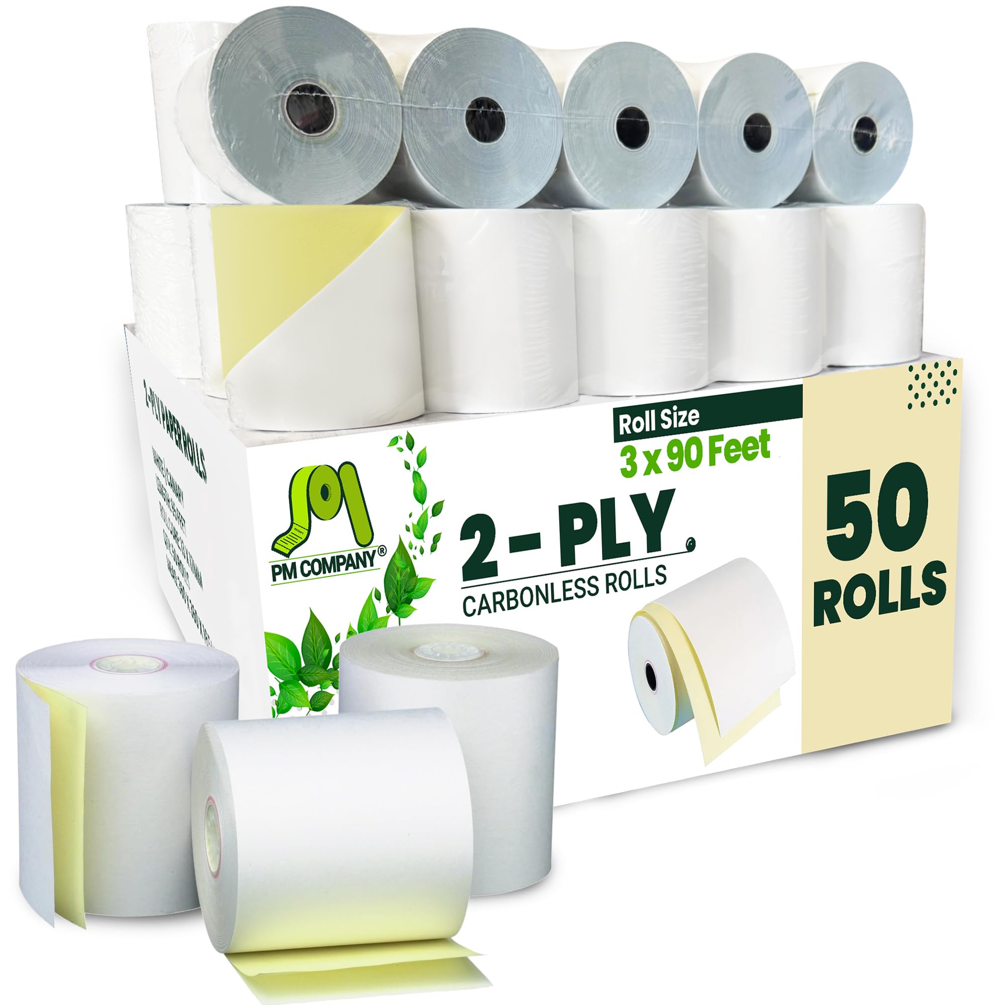 PM Company 2 Ply POS/Cash Register Rolls, 3 Inches X 90 Feet, White/Canary, 50 per Carton (07706)