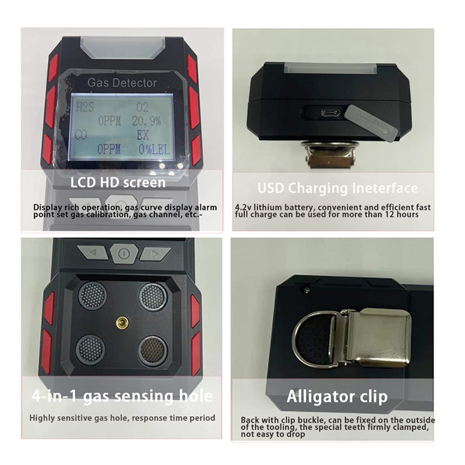 Detector de Gas, Sensor Industrial 4 en 1 de Fugas de Gas múltiple CO H2S O2 CH4 EX Detector de Gas Combustible Monitor de Seguridad Alarma de Aviso de Voz Humana(Gas Alarm Yellow)