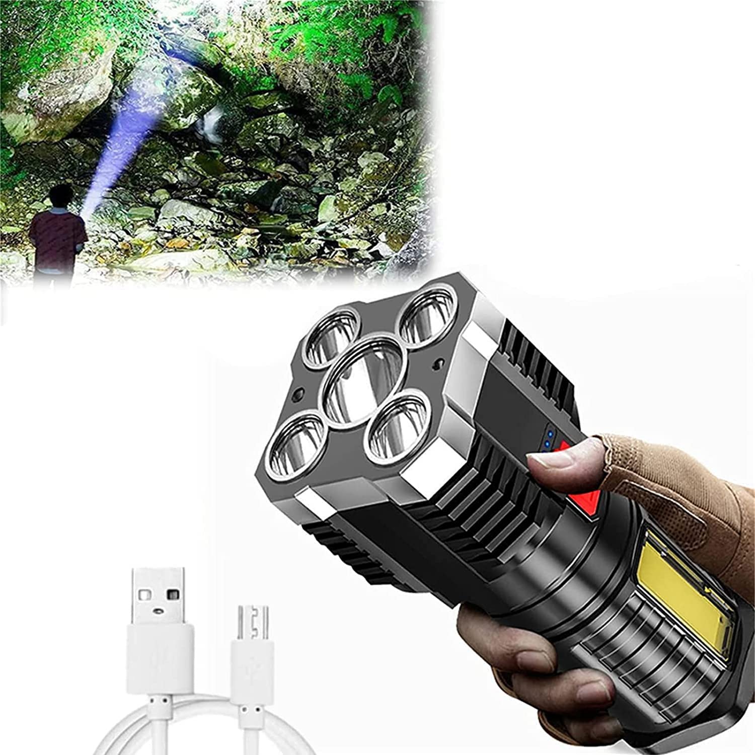 Zooarts Five-Nuclear Explosion LED Flashlight Strong Light Rechargeable Super Bright,Handheld Led Spotlight Flashlight Powerful Searchlight Portable USB Rechargeable with 4 Lighting Modes (Silver)