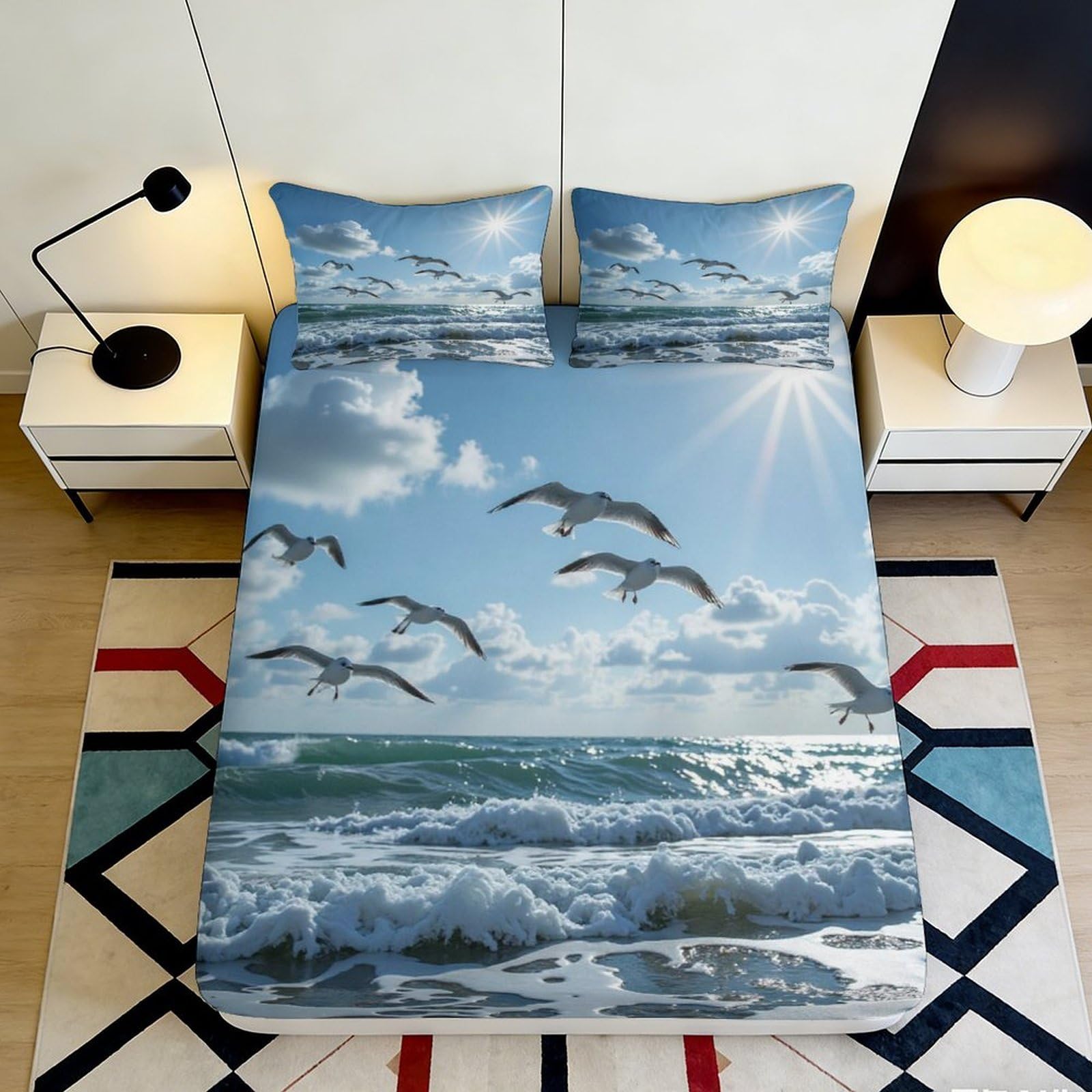 3D Printed Ocean Seagull Fitted Sheet Microfiber Soft Breathable Sky Wave Mattress Cover for Bedroom Guest Room Decor 90x200x25cm